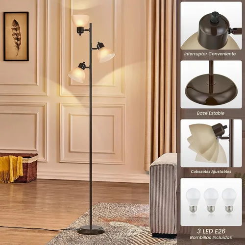 Vista 4 de Moderna lámpara de pie de árbol para sala de estar, dormitorio, lámparas de pie de poste alto con 3 cabezales giratorios ajustables para oficina