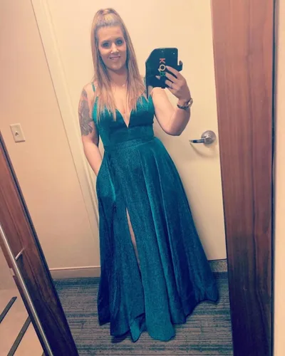 Vista 2 de Vestidos largos de graduación con purpurina, vestido de noche brillante con abertura, tirantes delgados, cuello en V, vestidos formales