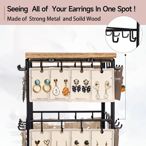 Vista 4 de Yoimori - Organizador de aretes con base de madera, 48 ganchos para mujeres y niñas, organizador de joyas para mostrar anillos, aretes, aretes