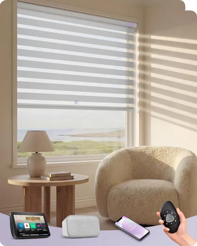 Vista 35 de Graywind Persianas motorizadas de cebra para ventanas, persianas inteligentes 100 % opacas con control remoto, persianas de cebra personalizadas