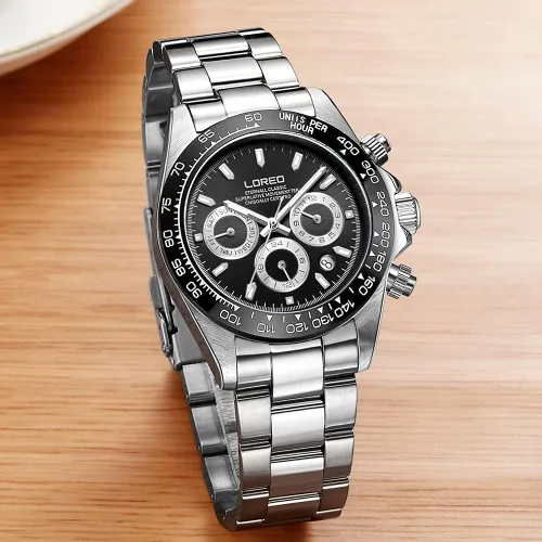 Vista 2 de LOREO Reloj automático para hombre, de acero inoxidable plateado, bisel de cerámica, fecha militar, buceo, impermeable, para hombre