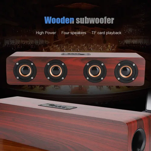 Vista 2 de Altavoz Bluetooth de madera, sonido de altavoz de computadora de TV de 12 W con soporte de subwoofer de 4 graves Bluetooth, AUX, tarjeta TF, FM (# 1)