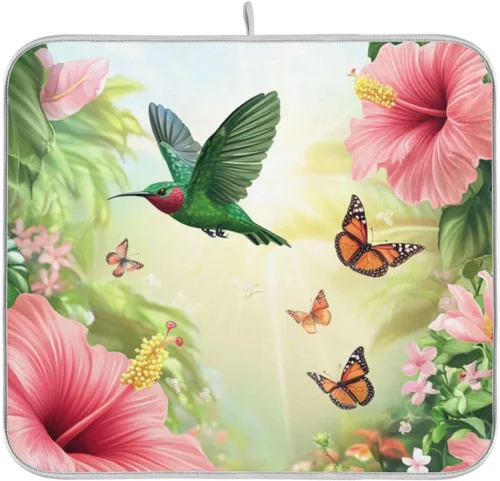 Vista 38 de Tapete de secado de platos de primavera naranja con flor de amapola para encimera de cocina, tapete escurridor absorbente de microfibra, tapete