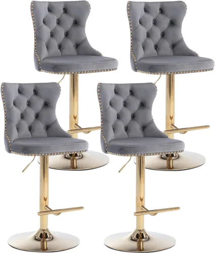 Vista 38 de Juego de 2 taburetes de bar beige, taburetes de bar tapizados ajustables con respaldo y reposapiés dorado, modernos taburetes de bar giratorios