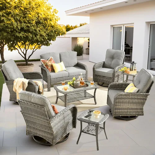 Vista 36 de ovios - Juego de muebles de patio de 2 piezas, sofá de mimbre para exteriores con sillas, silla de ratán con respaldo alto con cómodos cojines