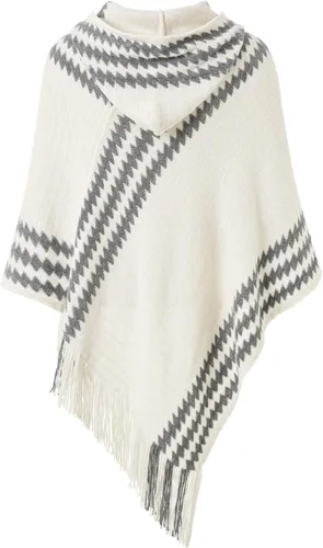 Vista 2 de Ferand Suéter poncho de punto con capucha y rayas en zigzag para mujer con flecos