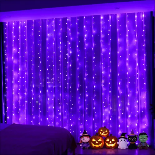 Vista 14 de HXWEIYE - Tira de 300 luces LED, cortina de guirnaldas navideñas con enchufe USB, 8 modos, control remoto para decoración de pared, fondo de Rojo