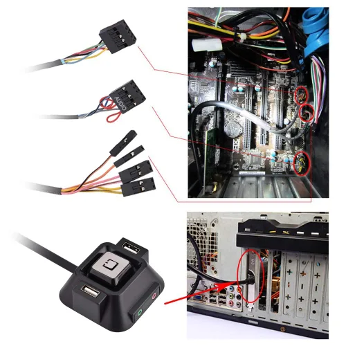 Vista 3 de Interruptor de PC de escritorio, caja de PC de escritorio, botón de interruptor, puertos USB, fuente de alimentación, encendido/apagado, reinicio