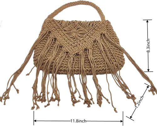 Vista 6 de Bolso de hombro de algodón hecho a mano para mujer, con solapa, con flecos, con borlas, tejido a mano, bohemio