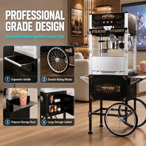 Vista 5 de 20 OZ Commercial Popcorn Machine with Cart - Stainless Steel Kettle Popper with Wheels, Warming Deck & Tempered Glass, for Business, School