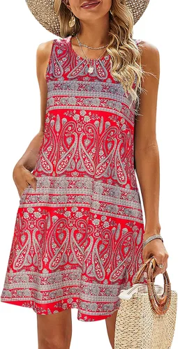 Vista 109 de SimpleFun - Vestidos de verano para mujer, camiseta floral, vestido de playa de estilo bohemio, informal, con bolsillos y sin mangas