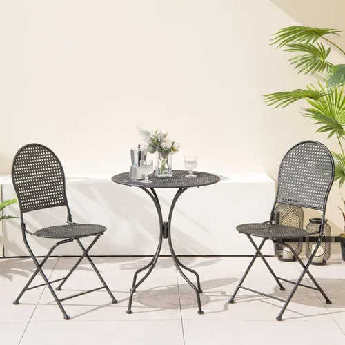 Vista 3 de Giantex Juego de mesa de comedor de 3 piezas, juego de mesa de comedor al aire libre para 2, 1 mesa redonda con 2 sillas plegables, resistente al