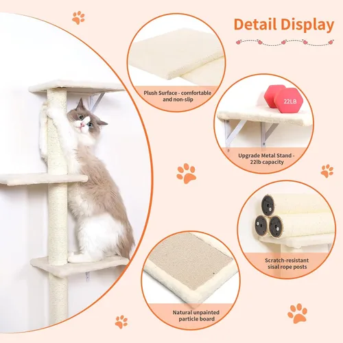 Vista 4 de Muebles modernos para gatos montados en la pared, 5 estantes de pared para gatos, escalador de madera incluye casa, puente, árbol, escalones