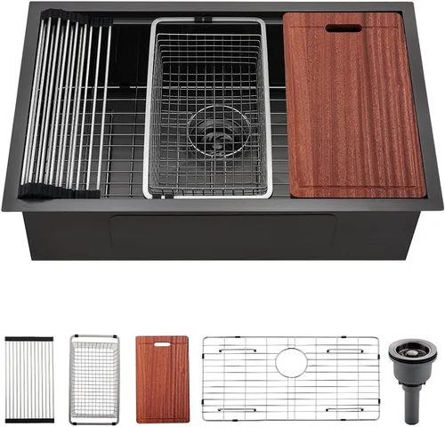 Vista 10 de Fregadero de cocina de montaje inferior negro 27 x 19 x 10 pulgadas, fregadero de acero inoxidable negro calibre 16, estación de trabajo debajo