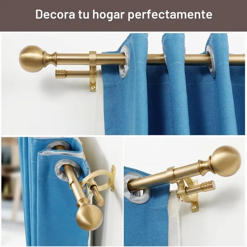 Vista 5 de Barra para cortinas decorativa dorada cálida, de 72-144 pulgadas, barra doble ajustable para cortinas con terminaciones redondas y en barril, de 1