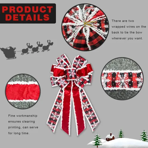 Vista 3 de Lazo de Navidad grande para corona, lazos de corona de Navidad a cuadros rojos y negros para puerta delantera, coronas decorativas de terciopelo