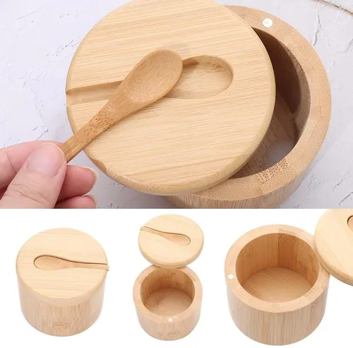 Vista 3 de Bamboo Big Dipper - Bodega de sal grande con cuchara y tapa giratoria magnética, caja de almacenamiento de 10 onzas