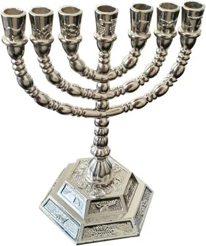 Vista 4 de Bethlehem Gifts TM 8" 7 ramas Hexagonal Base 12 Tribus de Israel Menorah (Oro)
