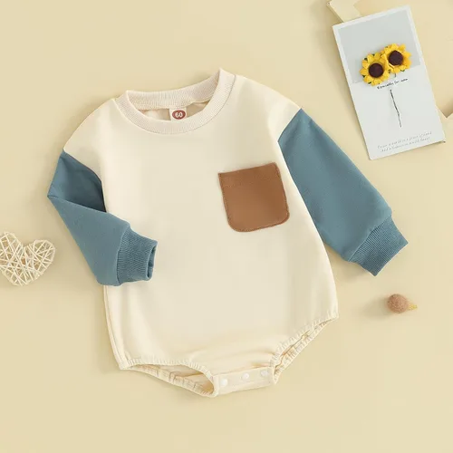 Vista 56 de Mameluco de manga larga con bloques de color para bebé, niño, niña, con bolsillo, cuello redondo, sudadera básica para otoño e invierno