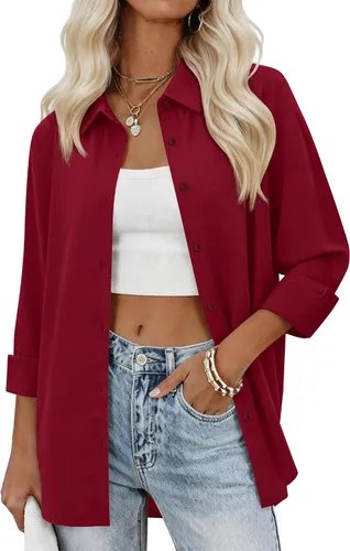 Vista 7 de siliteelon Camisas con botones para mujer, camisas de vestir sólidas, de manga larga, cuello fluido, para trabajo, oficina, negocios, blusas de gasa