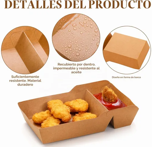 Vista 3 de SOUJOY Paquete de 100 bandejas para servir alimentos, 2 compartimentos, bandeja de nacho kraft desechable, cartón resistente a la grasa, contenedor