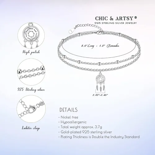 Vista 39 de CHIC & ARTSY Tobilleras delicadas de plata de ley S925 para verano, pulsera de tobillo ajustable multicapa para playa, joyería de pie para mujer