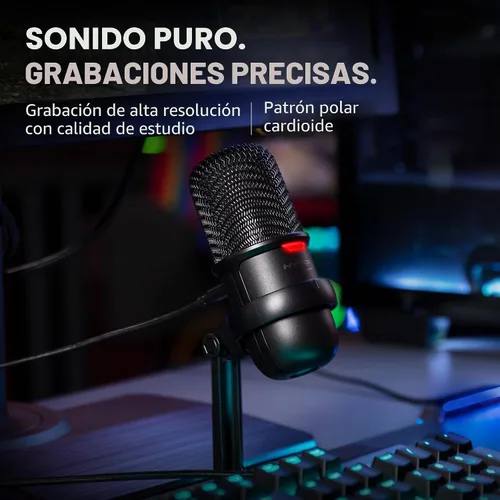 Vista 4 de HyperX SoloCast - Micrófono de condensador USB para juegos, para PC, PS4, PS5 y Mac, sensor de toque para silenciar, patrón polar cardioide, ideal