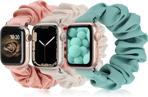 Vista 30 de TOYOUTHS - 3 paquetes compatibles con Apple Watch Band Scrunchies 1.496 in (38 mm) tela suave patrón impreso pulsera de tela para mujer iWatch