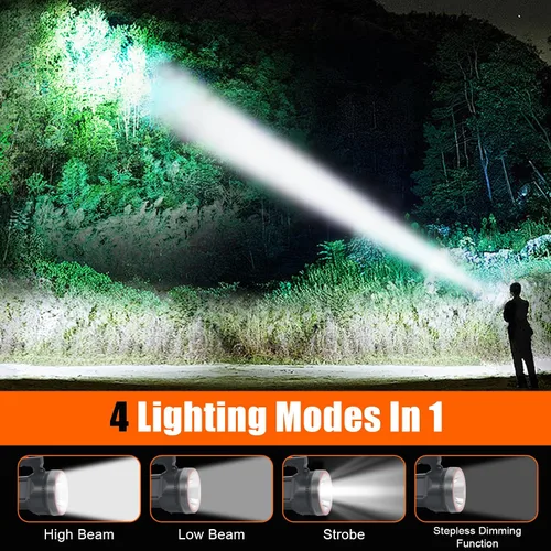 Vista 3 de Linterna de buceo recargable con pantalla de alimentación, IP68 impermeable y sumergible, interruptor doble, 4 modos, reflector LED portátil