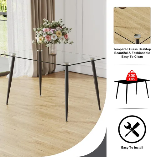 Vista 5 de Ebullient Mesa de comedor de cristal, mesa rectangular moderna de 51 pulgadas con amplia mesa de vidrio templado y patas de mesa de metal negro