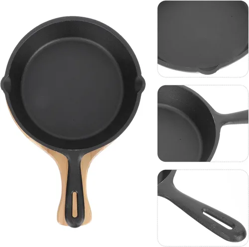 Vista 3 de Unomor Sartén antiadherente de hierro fundido grueso con base de madera, sartén de cocina doméstica para huevos, panqueques, distribución uniforme