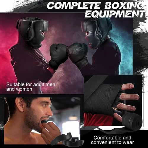 Vista 4 de Kanayu Juego de 7 piezas de guantes de boxeo de 16 onzas, casco para la cabeza, protectores bucales, equipo para adultos, jóvenes, principiantes