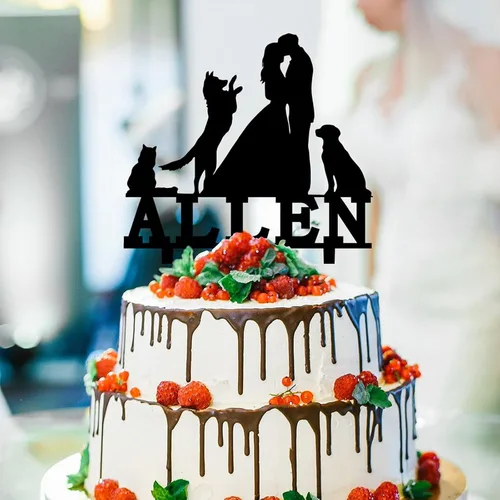 Vista 6 de Decoración para tartas de pareja con mascotas, dos perros y un gato, 5.9 pulgadas, acrílico, personalizable, fecha y nombre, novia y novio, tenedor