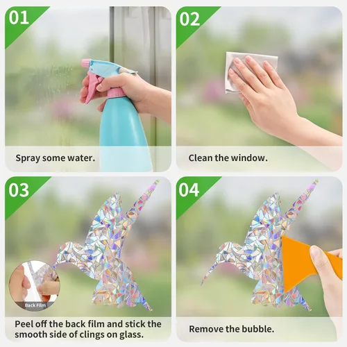 Vista 5 de Calcomanías de ventana para prevenir golpes de pájaros, DELLAN 24 Calcomanías anticolisión arco iris para ventana, Adhesivos deflectores de pájaros