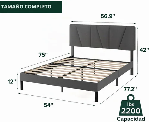 Vista 2 de Zinus Maya Upholstered Bed Frame with Asymmetric Headboard, Dark Grey, Full Listones de madera duraderos, marco resistente, sueño sin ruido, no Gris