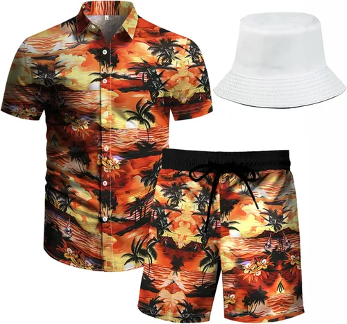 Vista 13 de RPOVIG Conjunto de playa a juego con camisas y pantalones cortos para hombre, ropa floral hawaiana para festival, conjuntos de 2 piezas con sombrero