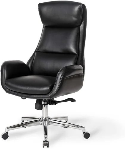 Vista 8 de Glitzhome Mid-Century Modern Air Leatherette Silla de trabajo ajustable giratoria con respaldo alto, silla de oficina para computadora con Negro
