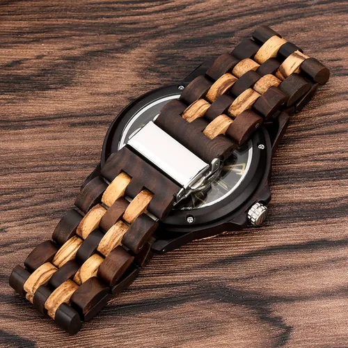 Vista 6 de Brown Deep Black Ebony Zebra Reloj de cuarzo de madera para hombre, correa de madera con cierre plegable para hombres