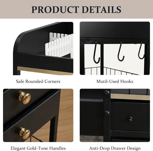 Vista 7 de Makeup Organizer Cart, Rolling Floor Skincare Organizer and Storage with 2 Wooden Drawers, Cosmetics Display Cases Holder for Skin Care Perfume Hair