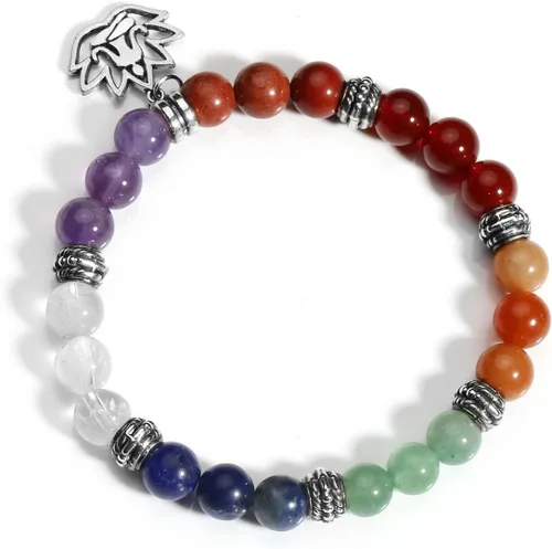 Vista 16 de Eigso Pulsera elástica de piedra de cristal de meditación curativa de 7 chakras para mujer con símbolo de loto, yoga, árbol, OM
