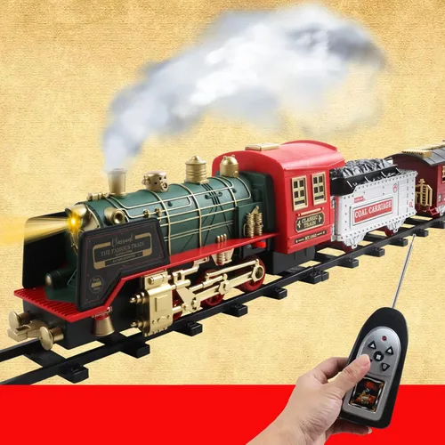 Vista 5 de Tren eléctrico de Navidad con control remoto con humo, luces, sonido, locomotora, automóviles y transporte remoto, recargable por USB, con pista