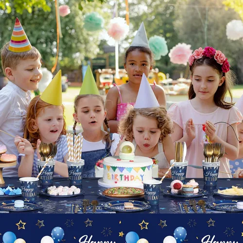 Vista 3 de Capoda Suministros para fiesta de cumpleaños, juego de vajilla de confeti estrellado, platos, tazas, servilletas, vajilla para niños y adultos