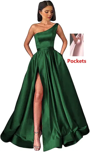 Vista 4 de GUKARLEED Vestidos de fiesta de un hombro para mujer vestidos largos de baile de satén con abertura alta fruncido formal vestidos de fiesta