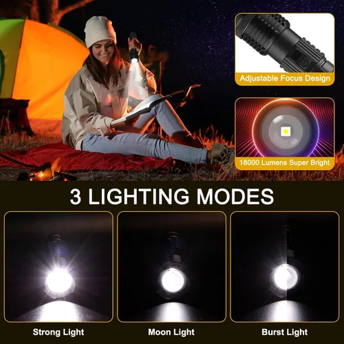 Vista 3 de Linterna recargable: alta potencia de 18000 lúmenes, pantalla LED, enfoque ajustable, carga USB, 5 modos, linterna LED impermeable IPX4