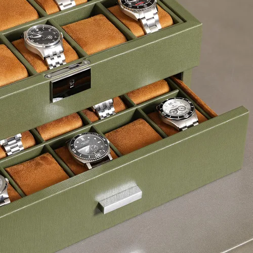 Vista 4 de ROTHWELL Caja de relojes de cuero de 20 ranuras - Estuche de exhibición organizador de joyas de lujo, - Estuche de exhibición con cerradura con tapa