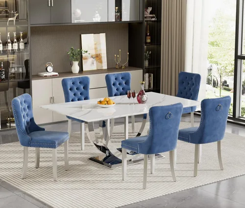 Vista 22 de HomVent Juego de mesa de comedor rectangular para 4, juego de mesa de cocina rectangular, juego de mesa de comedor de mármol sintético, juego