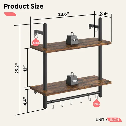 Vista 3 de Bestier Estantes de cocina flotantes para montar en la pared, estantes colgantes de almacenamiento con toallero para baño, paquete de 2 y 3 niveles