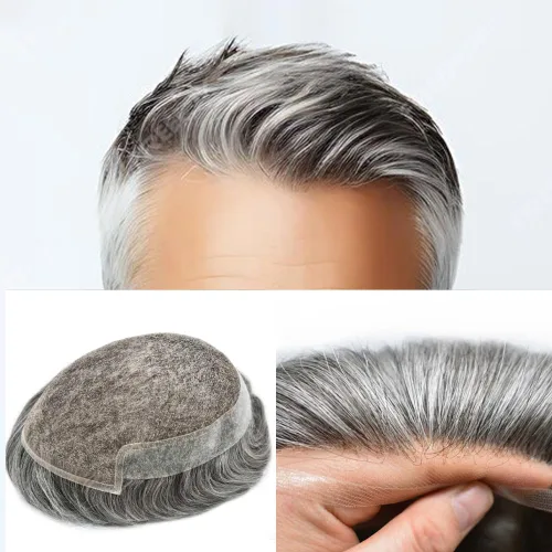 Vista 62 de Tupé para hombre con encaje suizo para hombre, sistema de reemplazo de cabello humano real, extensiones de nudo blanqueado para prótesis de cabello