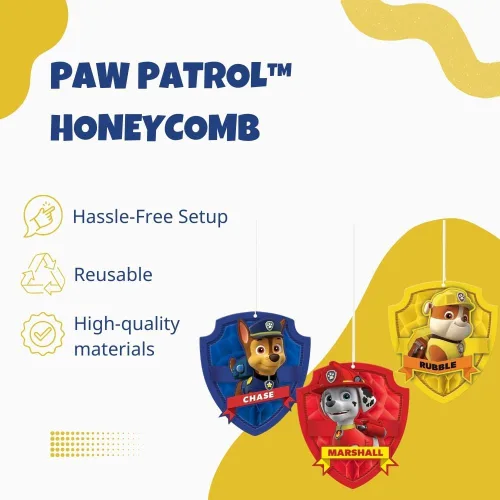 Vista 5 de Adorables decoraciones de panal de la Patrulla Canina, 6.7 pulgadas (paquete de 3), suministros de fiesta perfectos para la celebración de tus