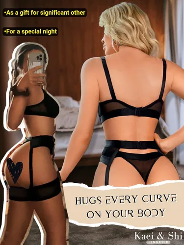 Vista 3 de Lenceria con liguero para mujer, conjunto de encaje traslúcido y sexy de 4piezas